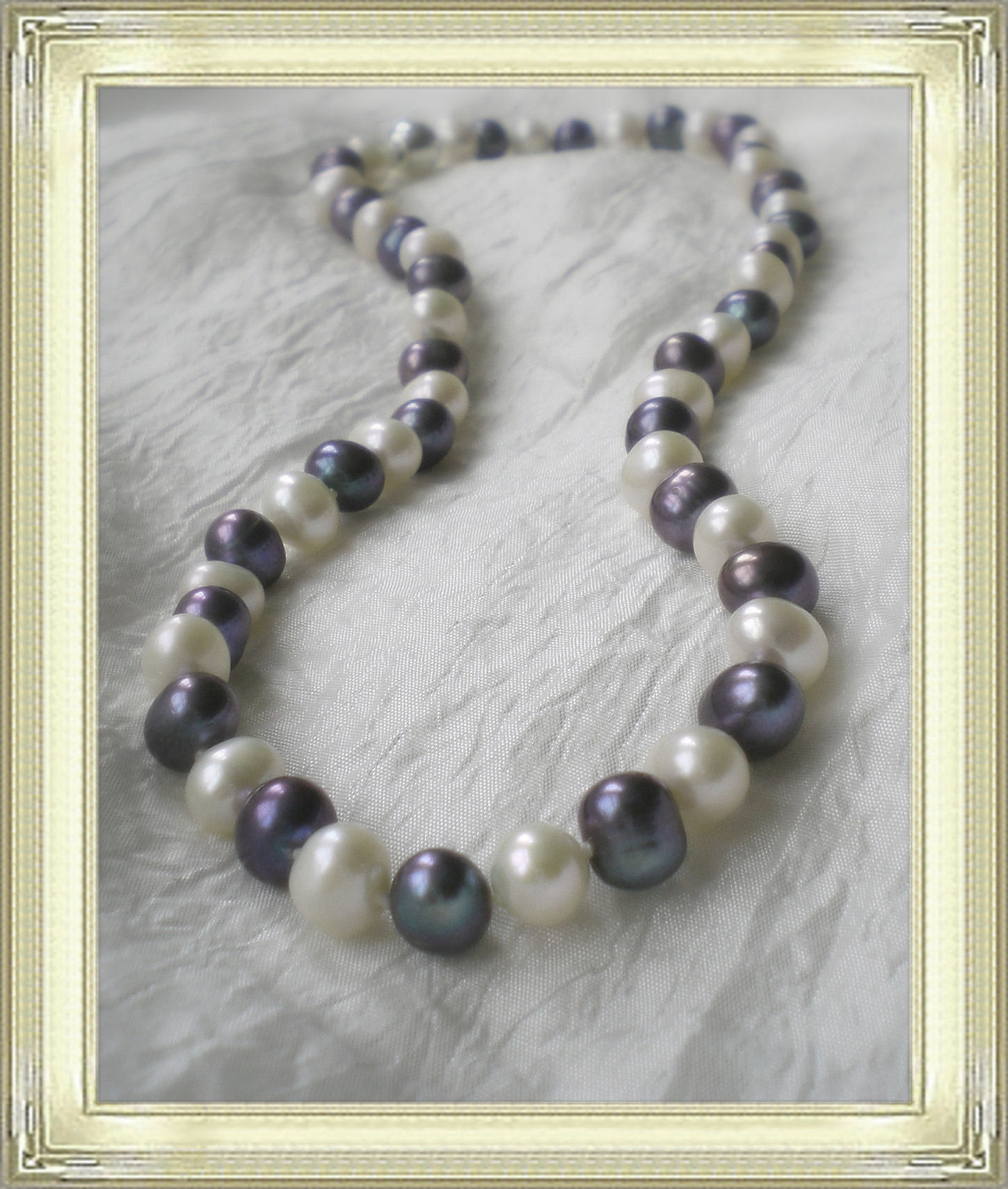Blueish and white potato shape freshwater pearl necklace